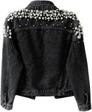 Women's Jean Jacket Embroidered Rivet Pearl Short Denim Jacket Coat