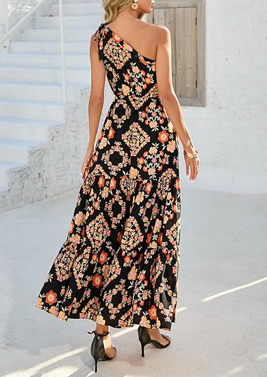 Women's Summer Floral One Shoulder Maxi Dress Knot Ruffle Boho Beach V –  Divahotcouture