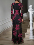 Women's Floral Mesh Maxi Dresses Long Sleeve Elegant Formal Fall Wedding Guest Dress Cocktail Slimming Dress