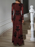 Women's Floral Mesh Maxi Dresses Long Sleeve Elegant Formal Fall Wedding Guest Dress Cocktail Slimming Dress