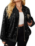 Womens Sequin Jacket Plus Size Sparkle Long Sleeve Jackets Front Zip Loose Casual Blazer Bomber Jacket with Pockets