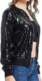 Womens Sequin Jacket with Pockets Casual Long Sleeve Front Zip Party Bomber Blazer S-2XL