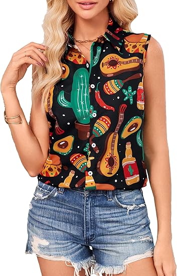 Shirt Women Mexican Fiesta Funny Button Down Short Sleeve Mexico Blouse Tops