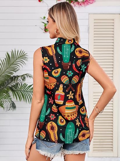 Shirt Women Mexican Fiesta Funny Button Down Short Sleeve Mexico Blouse Tops