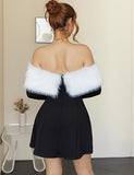 Women's Off Shoulder Long Sleeve Fur Trim A-Line Party Club Mini Dress