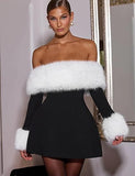 Women's Off Shoulder Long Sleeve Fur Trim A-Line Party Club Mini Dress