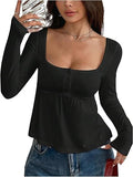 Babydoll Tops Long Sleeve Henley Shirts Cute Square Neck Coquette Peplum Top