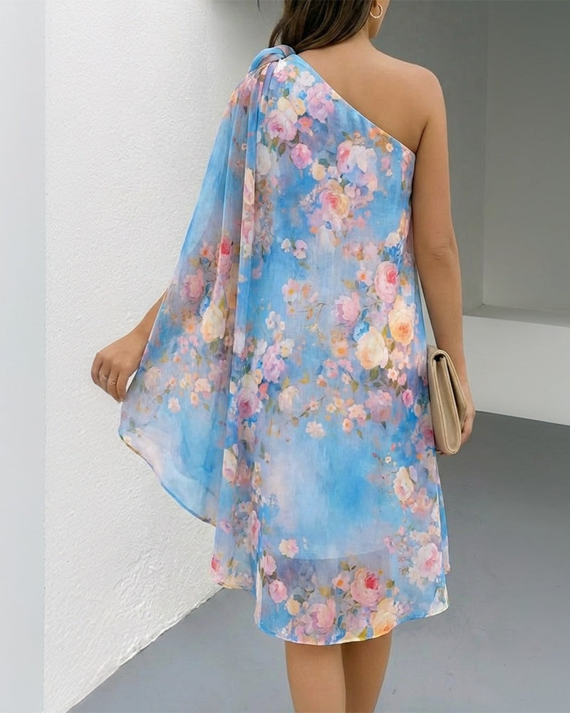 Women's Floral Print One-Shoulder Chiffon Dress 3D Floral Decor Split Sleeve Loose A-Line Mini Dress(7-15 Days shipping )