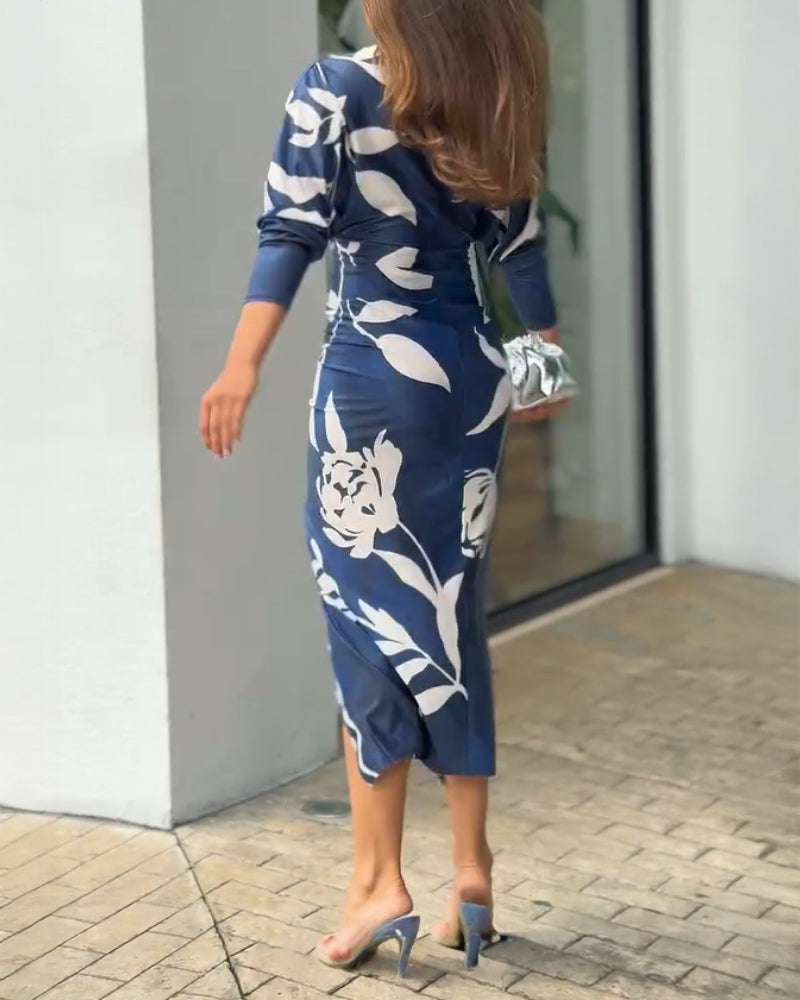 long sleeve vacation dress Floral Print Deep V-Neck Gigot Sleeve Party Dress Front Slit Ruched Ci –  Divahotcouture