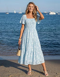 Women‘s Summer Boho Floral Midi Dress 2026 Casual Short Sleeve Square Neck Flowy Beach Vacation Long Dress