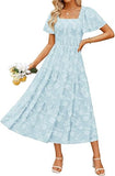 Women‘s Summer Boho Floral Midi Dress 2026 Casual Short Sleeve Square Neck Flowy Beach Vacation Long Dress