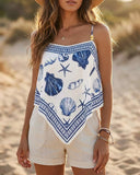 Women's Seashell & Starfish Print Cami Top Adjustable Spaghetti Strap Square Neck Tank Backless Tied Detail Vacation Beaded Top(shipping 15-20 Days)