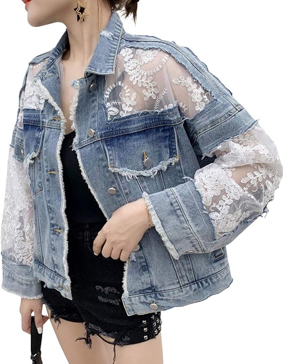 Women's See Through Floral Embroidery Lace Crop Denim Jacket Ripped Distressed Jean Jacket
