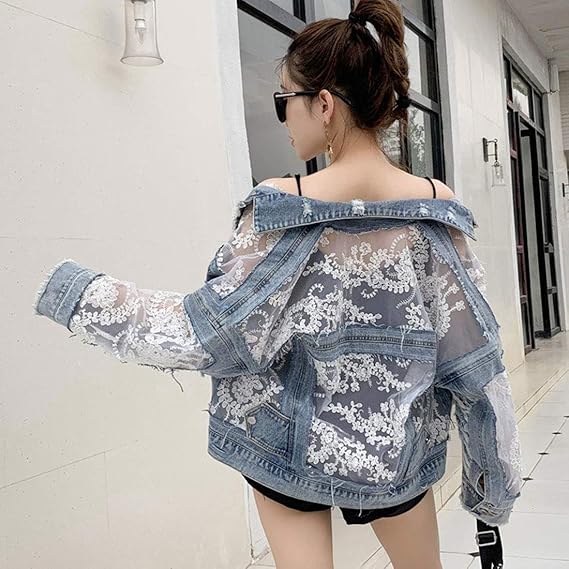 Women's See Through Floral Embroidery Lace Crop Denim Jacket Ripped Distressed Jean Jacket