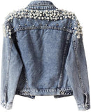 Women's Jean Jacket Embroidered Rivet Pearl Short Denim Jacket Coat