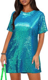 Women's Crew Neck Sequin Dress for Women Sexy V Neck Shirt Dresses Sparkly Shift Mini Dress