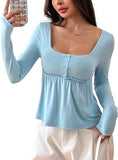 Babydoll Tops Long Sleeve Henley Shirts Cute Square Neck Coquette Peplum Top