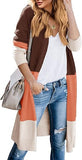 Womens Boho Open Front Cardigan Colorblock Long Sleeve Loose Knit Lightweight Sweaters
