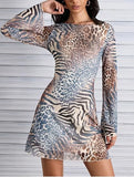 Women's Leopard Print Mini Dress  Bell Long Sleeve Cheetah Short Dresses Going Out Fall
