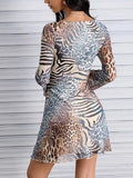 Women's Leopard Print Mini Dress  Bell Long Sleeve Cheetah Short Dresses Going Out Fall