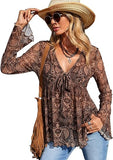 Women's 70s Country Concert Outfits Western Tops Paisley Boho Mesh Peplum V Neck Long Sleeve Blouse