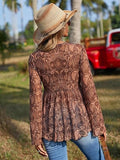Women's 70s Country Concert Outfits Western Tops Paisley Boho Mesh Peplum V Neck Long Sleeve Blouse