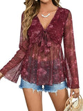 Women's 70s Country Concert Outfits Western Tops Paisley Boho Mesh Peplum V Neck Long Sleeve Blouse