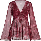 Women's 70s Country Concert Outfits Western Tops Paisley Boho Mesh Peplum V Neck Long Sleeve Blouse