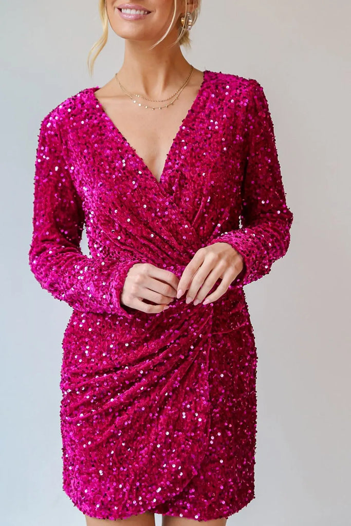 surplice wrap ruched sequins bodycon dress Sparkly Sequined Ruched Surplice Bodycon Vegas Dress In LIGHT COFFEE