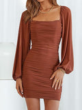 Women Elegant Square Neck Lantern Long Sleeve Mini Ruched Bodycon Dress Stretch Mesh Slim Party Cocktail Dresses