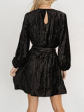 Velvet Round Neck Tie Waist Long Sleeve Mini Dress