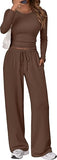 Women's 2 Piece Matching Lounge Set Long Sleeve Slightly Crop Top Wide Leg Pants Casual Sweatsuit