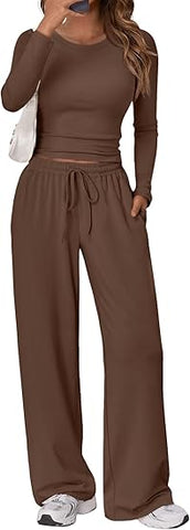 Women's 2 Piece Matching Lounge Set Long Sleeve Slightly Crop Top Wide Leg Pants Casual Sweatsuit