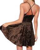 Women's Crushed Velvet Spaghetti Straps Sexy V Neck Club Party Pleated Swing Skater Dress