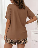 2 Pieces Outfit Letter Print Short Sleeve Top and Elastic Waist Shorts Set Casual Tie Dye Print Pajamas Set with Pockets