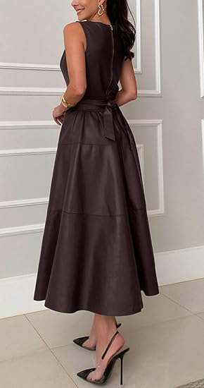 Women PU Faux Leather Sleeveless Elegant Flowy Long Dress Party Night – Divahotcouture