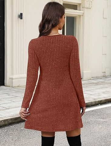 Long Sleeve Sweater Dress Fall Dresses V Neck Empire Waist Baby Doll Dresses Women Casual Dress with Pockets