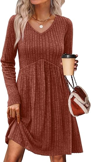 Long Sleeve Sweater Dress Fall Dresses V Neck Empire Waist Baby Doll Dresses Women Casual Dress with Pockets