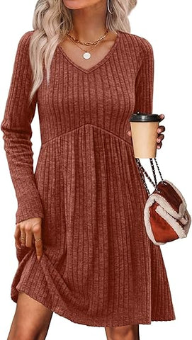 Long Sleeve Sweater Dress Fall Dresses V Neck Empire Waist Baby Doll Dresses Women Casual Dress with Pockets
