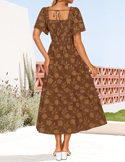 women's summer boho dresses Floral High Low Boho Dress for Women - Cream Pink Cut Out Tie Front Flutter Sleeve Long Dress