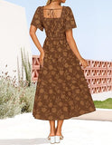 Women‘s Summer Boho Floral Midi Dress 2026 Casual Short Sleeve Square Neck Flowy Beach Vacation Long Dress