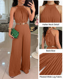 Women's Halter Tie Wide Leg Jumpsuit Pleated High Waist One-Piece Romper Elegant Sleeveless Evening Party Jumpsuit without Waist Chain(shipping 7-15 days)