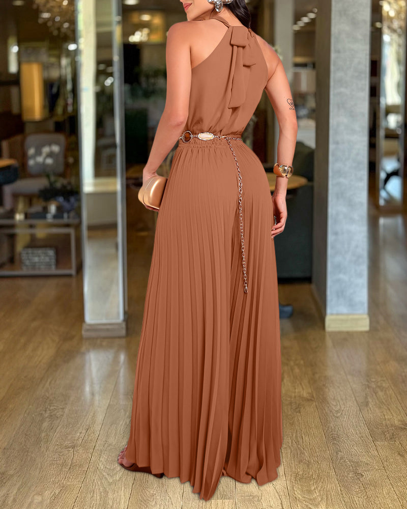 Women's Halter Tie Wide Leg Jumpsuit Pleated High Waist One-Piece Romper Elegant Sleeveless Evening Party Jumpsuit without Waist Chain(shipping 7-15 days)