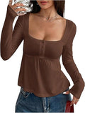 Babydoll Tops Long Sleeve Henley Shirts Cute Square Neck Coquette Peplum Top