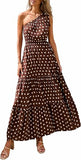 Women's Summer Floral One Shoulder Maxi Dress Knot Ruffle Boho Beach Vacation Wedding Guest Long Sun Dresses