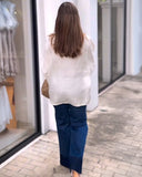 Pearls & Rhinestone Decor 3D Floral Appliques Frill Hem Cuffs Linen Tee Casual Loose Fit Top