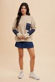 Annie Wear Contrast Round Neck Drop Shoulder Sweater with Patch Pocket