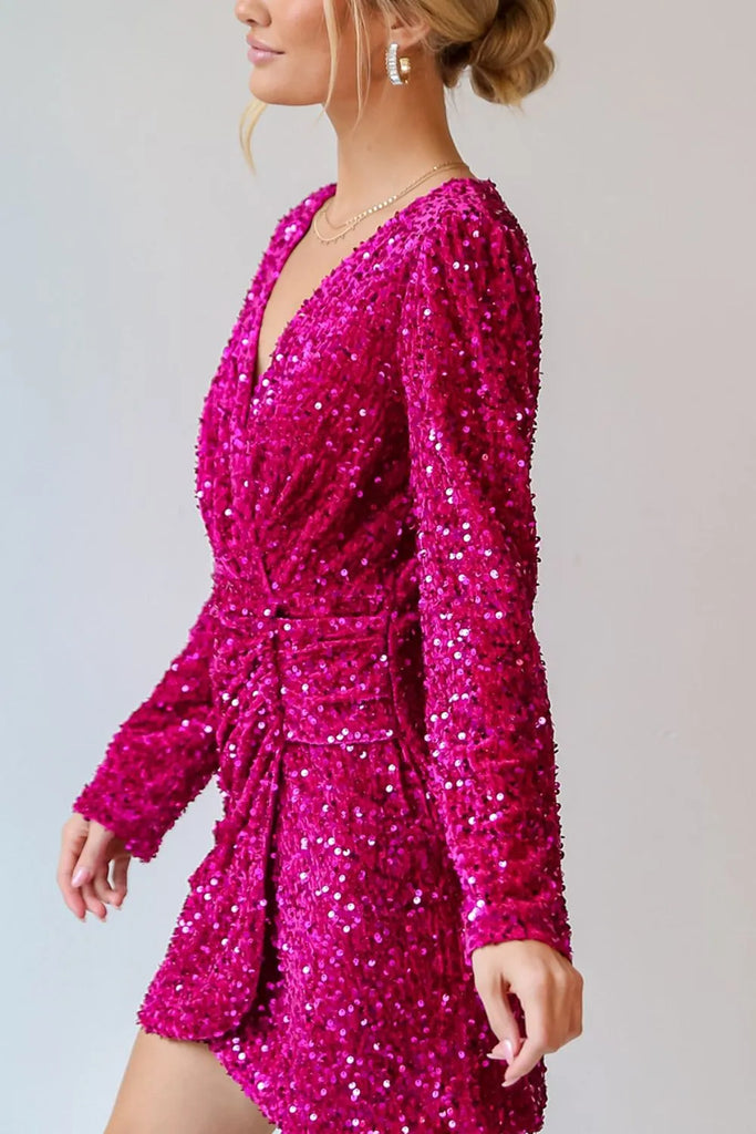Sequin Surplice Long Sleeve Mini Dress – Divahotcouture