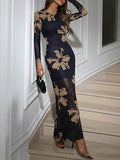 Women's Floral Mesh Maxi Dresses Long Sleeve Elegant Formal Fall Wedding Guest Dress Cocktail Slimming Dress