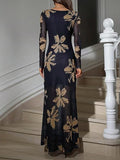 Women's Floral Mesh Maxi Dresses Long Sleeve Elegant Formal Fall Wedding Guest Dress Cocktail Slimming Dress